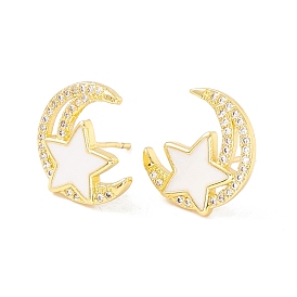 Clear Cubic Zirconia Moon and Star Stud Earrings with Enamel, Brass Jewelry for Women, Cadmium Free & Lead Free
