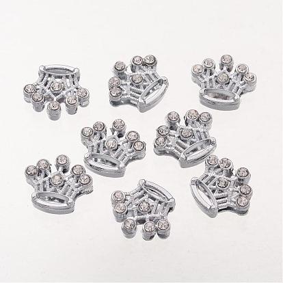 Alloy Crown Slide Charms with Grade A Rhinestones, 13x14x5mm, Hole: 7x2mm