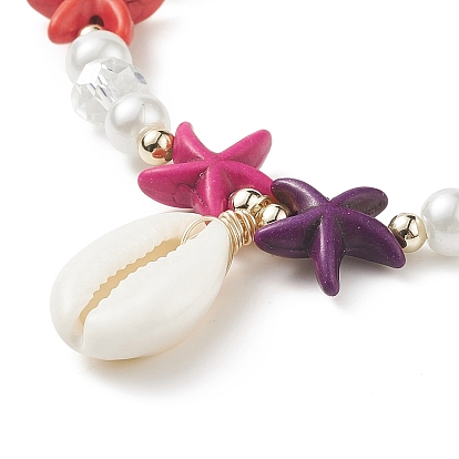 Ensemble de bracelets extensibles en perles de verre, style étoile de mer et tortue, turquoise synthétique (teint) et perles de verre, charmes de coquillages naturels bracelets océaniques pour femmes