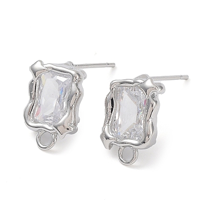 Brass Stud Earring Finding, with Clear Glass and Horizontal Loops, Rectangle