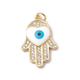 Rack Plating Brass Micro Pave Clear Cubic Zirconia Pendants, with Enamel Heart & Jump Ring, Lead Free & Cadmium Free, Long-Lasting Plated, Hamsa Hand with Evil Eye Charm
