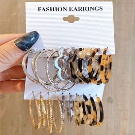 5 Pairs Retro Earring Set - Creative Leopard & Floral C-shaped Silver Hoops