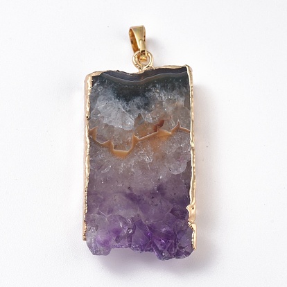 Natural Dyed Amethyst Pendants, Plating Edge, with Brass Findings, Rectangle