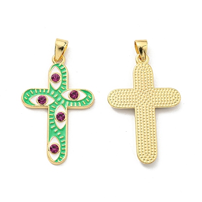 Rack Plating Alloy Enamel Pendants, Cross Charms with Glass, Long-Lasting Plated, Lead Free & Cadmium Free, Golden