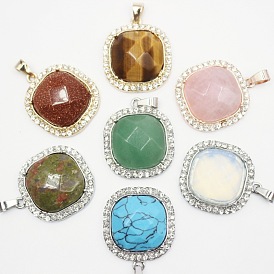 Natural Gemstone Faceted Pendants, Platinum Plated Alloy Square Charms