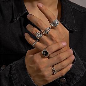 6Pcs 6 Style Tibetan Style Alloy Finger Ring Sets, Enamel Gothic Stackable Rings, Skull