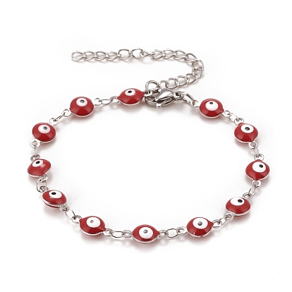 Enamel Oval with Evil Eye Link Chains Bracelet, 304 Stainless Steel Jewelry for Women