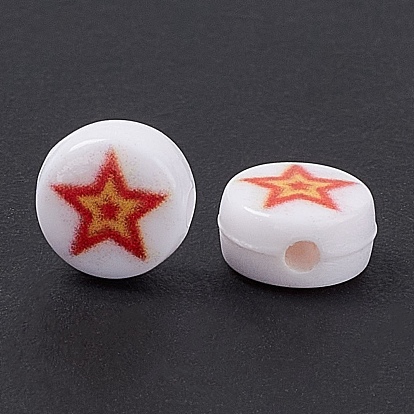 Opaque Printed Acrylic Beads, Flat Round with Star