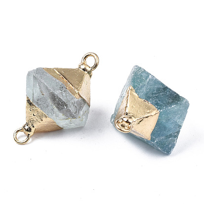 Natural Fluorite Links Connectors, with Light Gold Plated Brass Top and Iron Loop, Bicone
