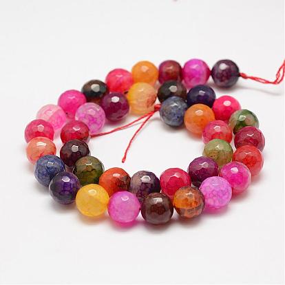 Faceted Natural Dragon Veins Fire Crackle Agate Beads Strands, Round, Dyed & Heated