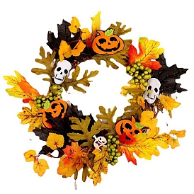 Halloween Plastic Skull Wreath Decorations, Autumn Artificial Leaf Wreath, for Front Door Indoor Window Wall Decor