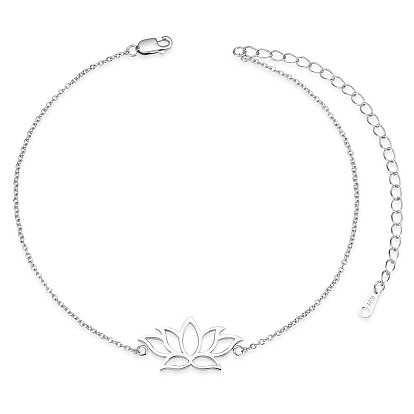 Shegrace 925 bracelets de cheville à maillons en argent sterling, avec la chaîne de câble, lotus