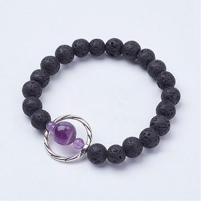 Natural Lava Rock Beads Stretch Bracelets, with Gemstone Beads and Alloy Findings