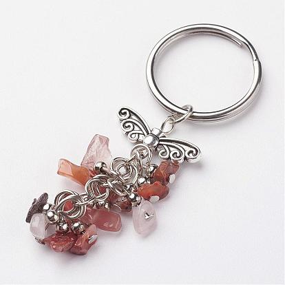 Natural Gemstone Keychain, with Tibetan Style Alloy Findings, Antique Silver and Platinum