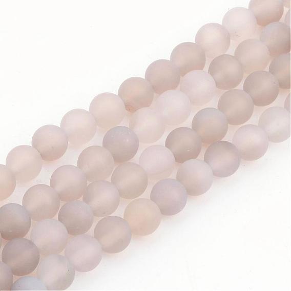 Natural Grey Agate Bead Strands, Frosted, Round