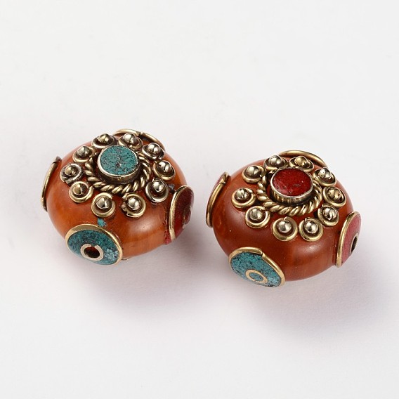 De style tibétain perles rondes plat, avec l'imitation de résine d'abeille, turquoise synthétique et conclusions en laiton doré anciennes, 24x18.5mm, Trou: 2mm