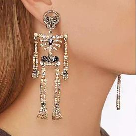 Sparkling Skull Skeleton Alloy Water Diamond Earrings for Women, Long and Exaggerated Personality Ear Jewelry