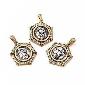 Rack Plating Eco-Friendly Brass Micro Pave Cubic Zirconia Pendants, Long-Lasting Plated, Lead Free & Cadmium Free, Real 18K Gold Plated, Hexagon with Greece Coin Charm