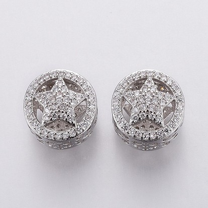 Micro cuivres ouvrent zircone cubique perles européennes, Perles avec un grand trou   , creux, plat et circulaire avec étoile, clair
