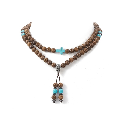 Collier pendentif gland gourde en alliage, collier de yoga en perles de bois naturel et turquoise synthétique pour femme