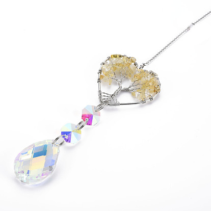 Natural Gemstone Big Pendants, with Platinum Brass Chain Extender and Findings, Plating Glass Teardrop & Flower, Clear AB Color, Heart with Tree of Life