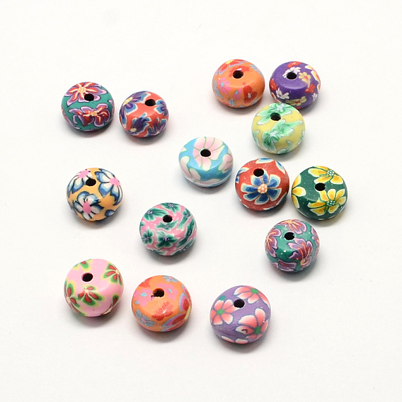Argile polymère main perles rondes plat, avec motif de fleurs, 11~12x6~7mm, Trou: 3mm