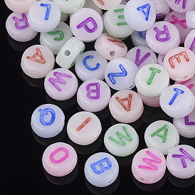 Luminous Acrylic Beads, Horizontal Hole, Random Mixed Letters, Flat Round with Letter, Mixed Color