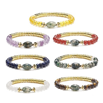 7Pcs 7 Style Natural & Synthetic Mixed Gemstone & Brass Beaded Stretch Bracelets Set, Chakra Yoga Stackable Bracelets for Women