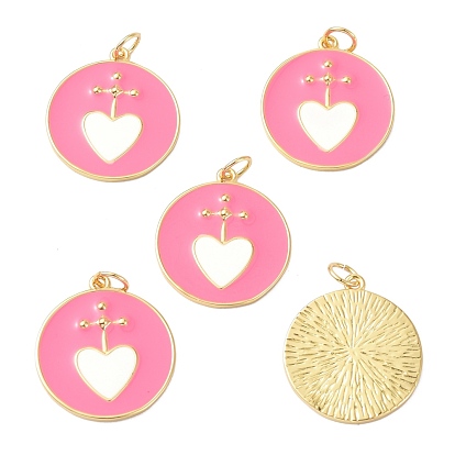 Brass Enamel Pendants, with Jump Ring, Real 18K Gold Plated, Long-Lasting Plated, Lead Free & Nickel Free & Cadmium Free, Flat Round with Heart