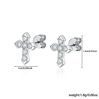 Boucles d'oreilles à tige en argent sterling plaqué rhodium avec micro pavé de zircones cubiques, croix, avec cachet 925