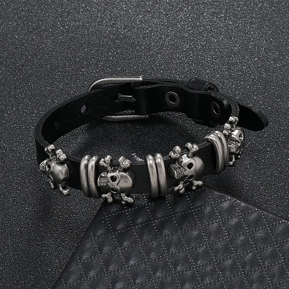 Alloy Skull Rivets Bracelet, Cowhide Cord Bracelet for Men Women