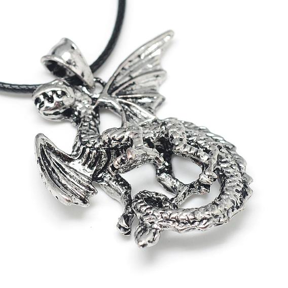 Colliers pendants d'alliage, avec cordon ciré et chaînes terminales fer, Dragon