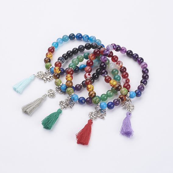 Chakra bijoux, Bracelets de charme en bonnet en coton, avec des perles de fleur de lotus en pierre gemme et alliage de zinc