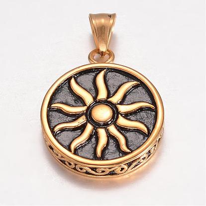 304 Stainless Steel Pendants, Flat Round Carved Sun