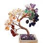 7 Chakra Natural Gemstone Chips and Ceram Pedestal Display Decorations, with Rose Gold Plated Brass Wires, Lucky Tree