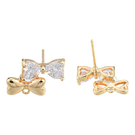 Brass Pave Clear Cubic Zirconia Stud Earring Findings, with Horizontal Loops, Heart Bowknot, Nickel Free