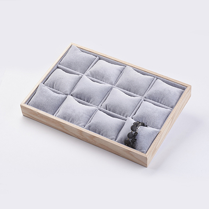 Cuboid Wood Bracelet Displays, Covered with Velvet, 12 Grids Pillows Without Lid Tray Jewelry Storage Holder