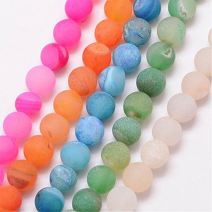 Natural Druzy Geode Agate Bead Strands, Frosted, Round, Dyed & Heated, Grade A