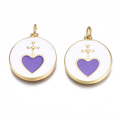 Brass Enamel Pendants, with Jump Ring, Nickel Free, Flat Round with Heart, Real 16K Gold Plated