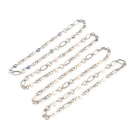 304 collier de chaînes ovales et à anneaux en acier inoxydable avec perle naturelle perlée pour femme, couleur inox