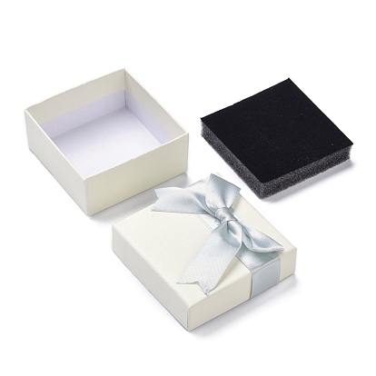 Cardboard Jewelry Set Box, for Jewelry Packaging, with Bowknot Ribbon Outside and Black Sponge Inside, Square