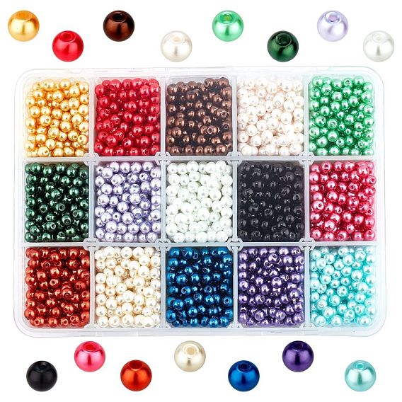 15 perles de couleur perle de verre, teint, ronde