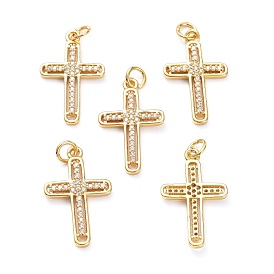 Brass Micro Pave Clear Cubic Zirconia Pendants, with Jump Ring, Long-Lasting Plated, Cross