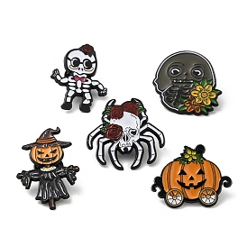 Alfileres de esmalte de calabaza/araña/cráneo de Halloween, insignia de aleación negra de electroforesis para ropa de mochila