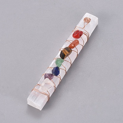 Chakra Jewelry, Natural Selenite Home Decorations, Energy Wands, for Meditation Yoga and Balancing, with Brass Wire Wrapped and Natural Gemstone Chip Beads, Rectangle