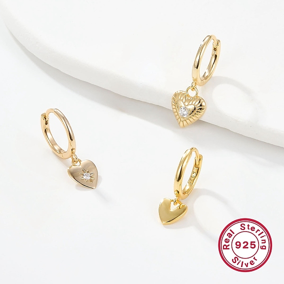 3 Pair 3 Style Cubic Zirconia Heart Dangle Hoop Earrings for Women, 925 Sterling Silver Jewelry