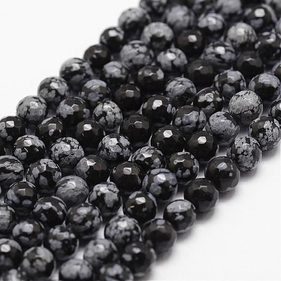 Natural Snowflake Obsidian Beads Strands, Faceted, Round