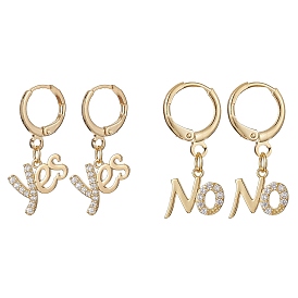 2 paires 2 style clair zircon cubique mot oui et non pendantes ensembles de boucles d'oreilles à levier, bijoux en laiton