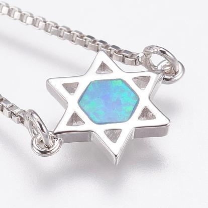 Long-Lasting Plated Adjustable Brass Slider Bracelets, Bolo Bracelets, with Synthetic Opal, for Jewish, Star of David