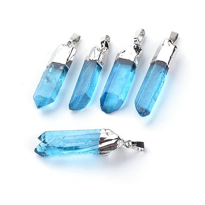 Natural Quartz Pointed Pendants, with Brass Findings, Dyed, Bullet, Platinum